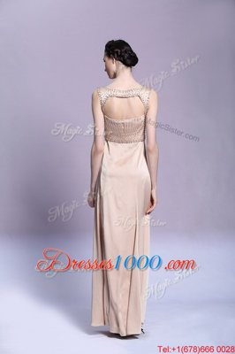 Traditional Bateau Sleeveless Prom Gown Floor Length Beading and Ruching Peach Satin