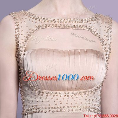 Traditional Bateau Sleeveless Prom Gown Floor Length Beading and Ruching Peach Satin