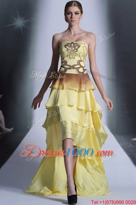 Light Yellow Chiffon Zipper Prom Evening Gown Sleeveless High Low Beading