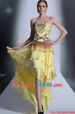 Light Yellow Chiffon Zipper Prom Evening Gown Sleeveless High Low Beading