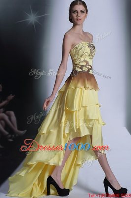 Light Yellow Chiffon Zipper Prom Evening Gown Sleeveless High Low Beading