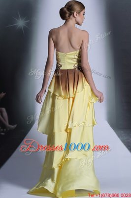 Light Yellow Chiffon Zipper Prom Evening Gown Sleeveless High Low Beading