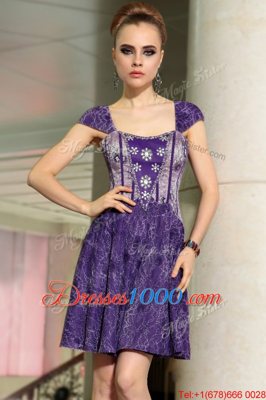 Lace Beading Purple Zipper Sleeveless Mini Length