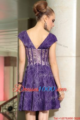 Lace Beading Purple Zipper Sleeveless Mini Length