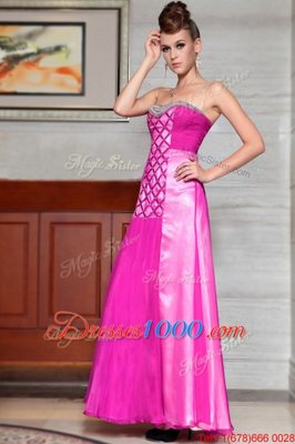 Ankle Length Fuchsia Prom Dresses Chiffon Sleeveless Beading and Ruching