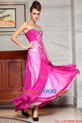 Ankle Length Fuchsia Prom Dresses Chiffon Sleeveless Beading and Ruching