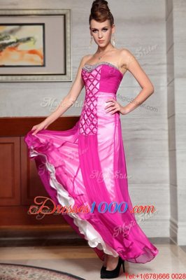 Ankle Length Fuchsia Prom Dresses Chiffon Sleeveless Beading and Ruching