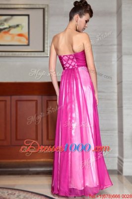 Ankle Length Fuchsia Prom Dresses Chiffon Sleeveless Beading and Ruching