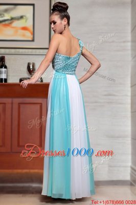 Blue And White Side Zipper Straps Beading and Sequins and Hand Made Flower Homecoming Dress Chiffon Sleeveless