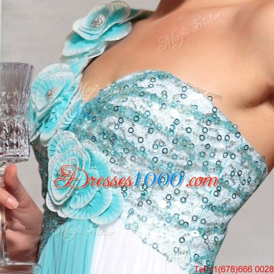 Blue And White Side Zipper Straps Beading and Sequins and Hand Made Flower Homecoming Dress Chiffon Sleeveless