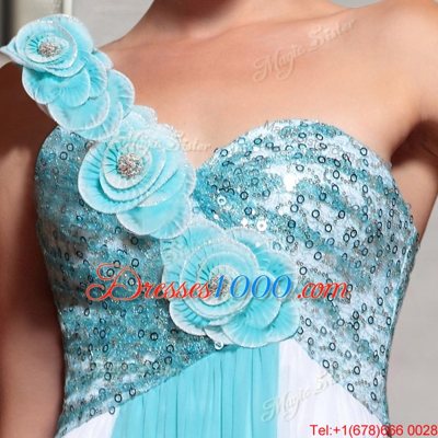 Blue And White Side Zipper Straps Beading and Sequins and Hand Made Flower Homecoming Dress Chiffon Sleeveless