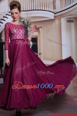 Dynamic Fuchsia Prom Dresses Prom and Party and For with Lace and Sequins Bateau 3|4 Length Sleeve Zipper