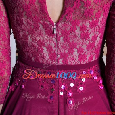 Dynamic Fuchsia Prom Dresses Prom and Party and For with Lace and Sequins Bateau 3|4 Length Sleeve Zipper