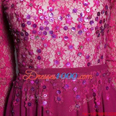 Dynamic Fuchsia Prom Dresses Prom and Party and For with Lace and Sequins Bateau 3|4 Length Sleeve Zipper