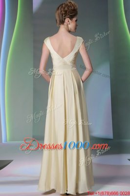 High Quality Scoop Light Yellow Cap Sleeves Chiffon Side Zipper Prom Party Dress for Prom and Party