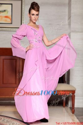 Fitting Lilac Column/Sheath Chiffon V-neck Long Sleeves Beading and Ruching and Pattern Ankle Length Side Zipper Evening Dress