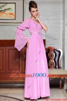 Fitting Lilac Column/Sheath Chiffon V-neck Long Sleeves Beading and Ruching and Pattern Ankle Length Side Zipper Evening Dress