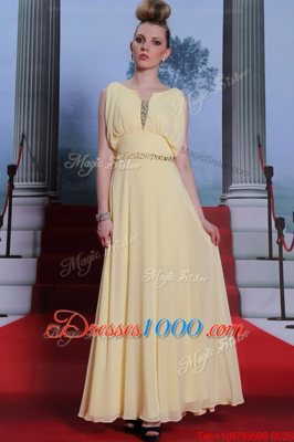 Scoop Sleeveless Chiffon Floor Length Side Zipper Prom Evening Gown in Light Yellow for with Beading