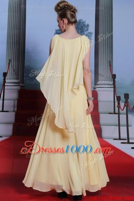 Scoop Sleeveless Chiffon Floor Length Side Zipper Prom Evening Gown in Light Yellow for with Beading