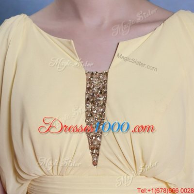 Scoop Sleeveless Chiffon Floor Length Side Zipper Prom Evening Gown in Light Yellow for with Beading