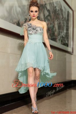 One Shoulder Light Blue Empire Pleated Side Zipper Chiffon Sleeveless High Low