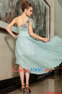 One Shoulder Light Blue Empire Pleated Side Zipper Chiffon Sleeveless High Low