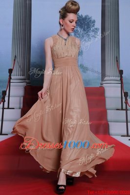 Romantic Scoop Sequins Peach Sleeveless Chiffon Clasp Handle Dress for Prom for Prom and Party