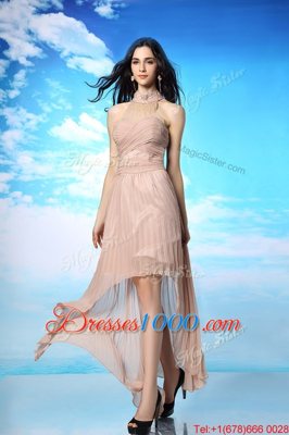 Modern Sleeveless High Low Ruching Side Zipper Prom Evening Gown with Peach