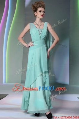Fashion Turquoise Chiffon Side Zipper Prom Evening Gown Sleeveless Floor Length Sequins and Ruching