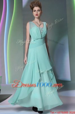 Fashion Turquoise Chiffon Side Zipper Prom Evening Gown Sleeveless Floor Length Sequins and Ruching