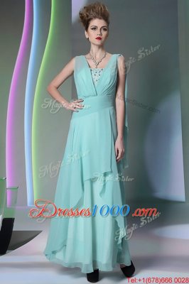 Fashion Turquoise Chiffon Side Zipper Prom Evening Gown Sleeveless Floor Length Sequins and Ruching