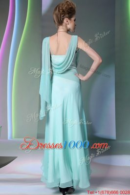 Fashion Turquoise Chiffon Side Zipper Prom Evening Gown Sleeveless Floor Length Sequins and Ruching