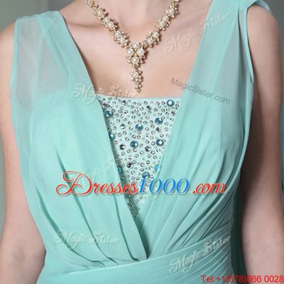 Fashion Turquoise Chiffon Side Zipper Prom Evening Gown Sleeveless Floor Length Sequins and Ruching