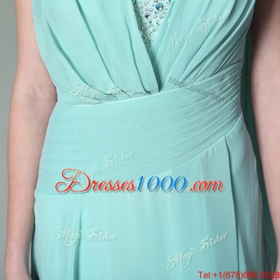 Fashion Turquoise Chiffon Side Zipper Prom Evening Gown Sleeveless Floor Length Sequins and Ruching