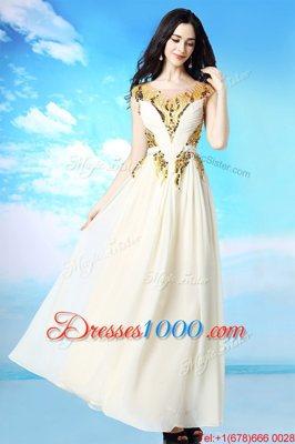 Best Selling White Scoop Side Zipper Sequins and Ruching Prom Gown Cap Sleeves