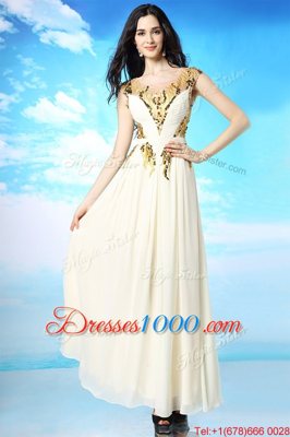 Best Selling White Scoop Side Zipper Sequins and Ruching Prom Gown Cap Sleeves