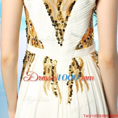 Best Selling White Scoop Side Zipper Sequins and Ruching Prom Gown Cap Sleeves