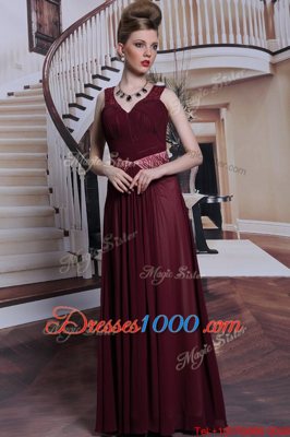 Burgundy Straps Neckline Beading and Ruching Sleeveless Zipper