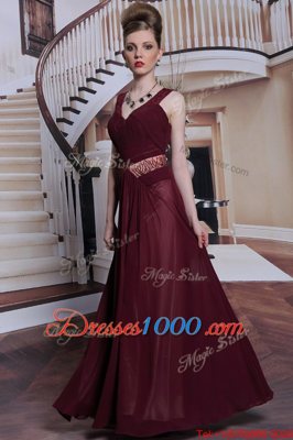 Burgundy Straps Neckline Beading and Ruching Sleeveless Zipper