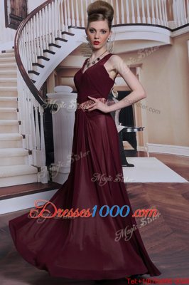 Burgundy Straps Neckline Beading and Ruching Sleeveless Zipper