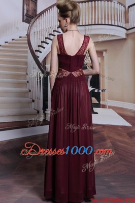 Burgundy Straps Neckline Beading and Ruching Sleeveless Zipper