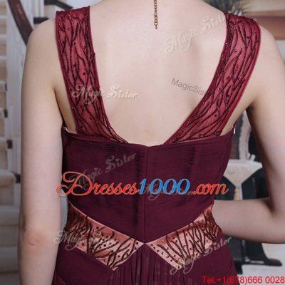 Burgundy Straps Neckline Beading and Ruching Sleeveless Zipper