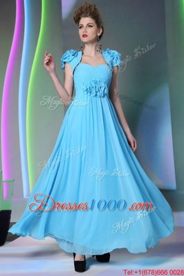 Fabulous Chiffon Sweetheart Cap Sleeves Zipper Beading and Hand Made Flower Prom Party Dress in Baby Blue