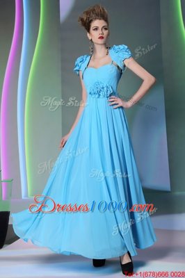 Fabulous Chiffon Sweetheart Cap Sleeves Zipper Beading and Hand Made Flower Prom Party Dress in Baby Blue