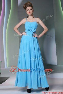 Fabulous Chiffon Sweetheart Cap Sleeves Zipper Beading and Hand Made Flower Prom Party Dress in Baby Blue