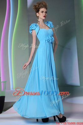 Fabulous Chiffon Sweetheart Cap Sleeves Zipper Beading and Hand Made Flower Prom Party Dress in Baby Blue