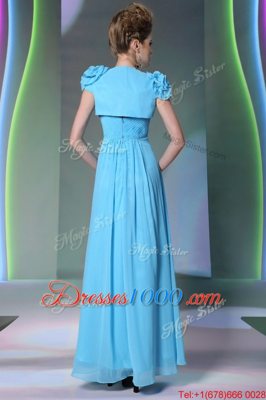 Fabulous Chiffon Sweetheart Cap Sleeves Zipper Beading and Hand Made Flower Prom Party Dress in Baby Blue