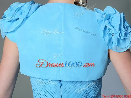 Fabulous Chiffon Sweetheart Cap Sleeves Zipper Beading and Hand Made Flower Prom Party Dress in Baby Blue