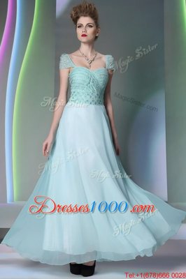 Light Blue Chiffon Side Zipper Sweetheart Cap Sleeves Floor Length Prom Evening Gown Beading and Lace