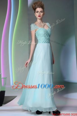 Light Blue Chiffon Side Zipper Sweetheart Cap Sleeves Floor Length Prom Evening Gown Beading and Lace